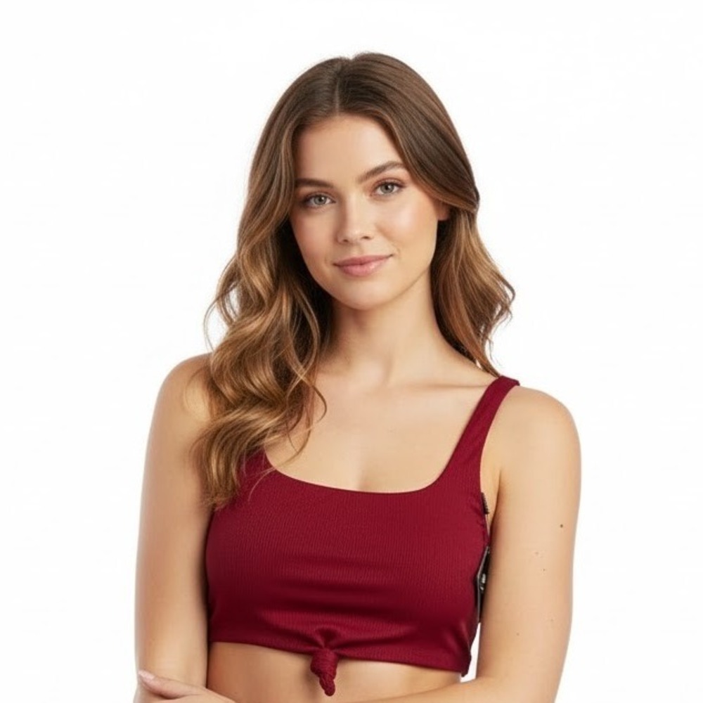 Zaful Crop Top 8 Burgundy Ribbed Knit Scoop Neck Knot Front Sleeveless New